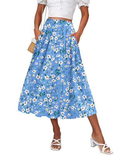 Zeagoo Womens Floral Skirt Pleated Skirts Midi Length Summer Skirts A-Line Flowy Skirts Floral Skirts,M | Amazon (US)