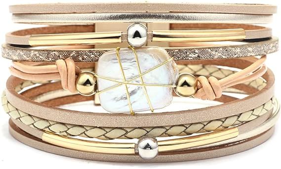 Fesciory Leopard Bracelet for Women, Boho Leather Wrap Multi-Layer Pearl Crystal Bracelet Bangle ... | Amazon (US)