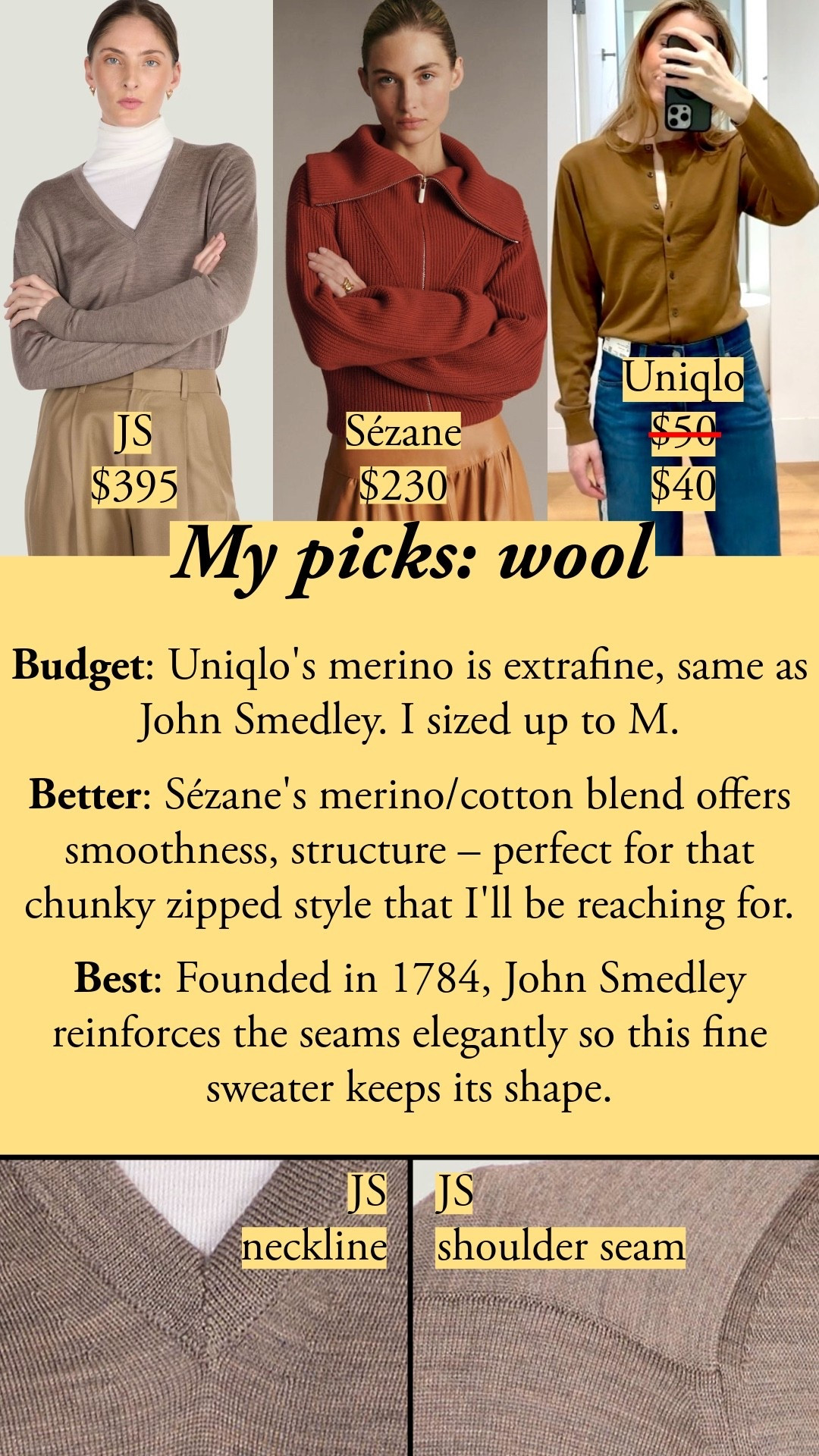 I'm 5'7", and I'm usually size S. I sized up to M for that Uniqlo cardigan; it's got a traditional cut that looked too stuffy to me in my usual size S. Sézane uses merino how I want a brand to use it: in fun cuts that I actually want to wear, not a styling challenge. Their double-faced knit in the Betty cardigan has a fine surface and sculptural structure at the same time. They used it for the striped Selene polo jumper – that's an excellent choice for a polo or rugby top. Banana Republic's merino wool is excellent and stays looking new. J.Crew has stepped up its merino options, too. I have the Quince quarter zip – it's substantial and yet can be smoothly tucked into jeans. TTS.

#LTKootd #LTKSeasonal