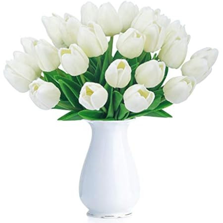 Mandy's 20pcs Artificial Tulip Silk Flowers 13.5" for Home Kitchen Wedding Decorations (Ivory) | Amazon (US)