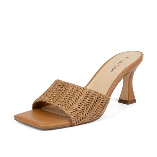 Modatope Brown Heels for Women Open Square Toe Mules High Heel Summer Slip On Braided Sandals Size 6 | Amazon (US)