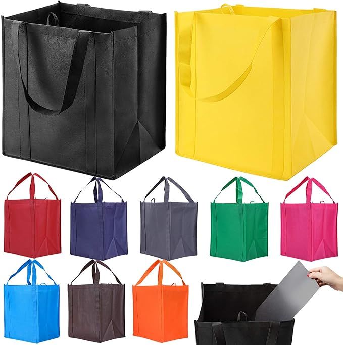 10 Pack Reusable Reinforced Handle Grocery Bags - Heavy Duty Large Shopping Totes with Thick Plas... | Amazon (US)