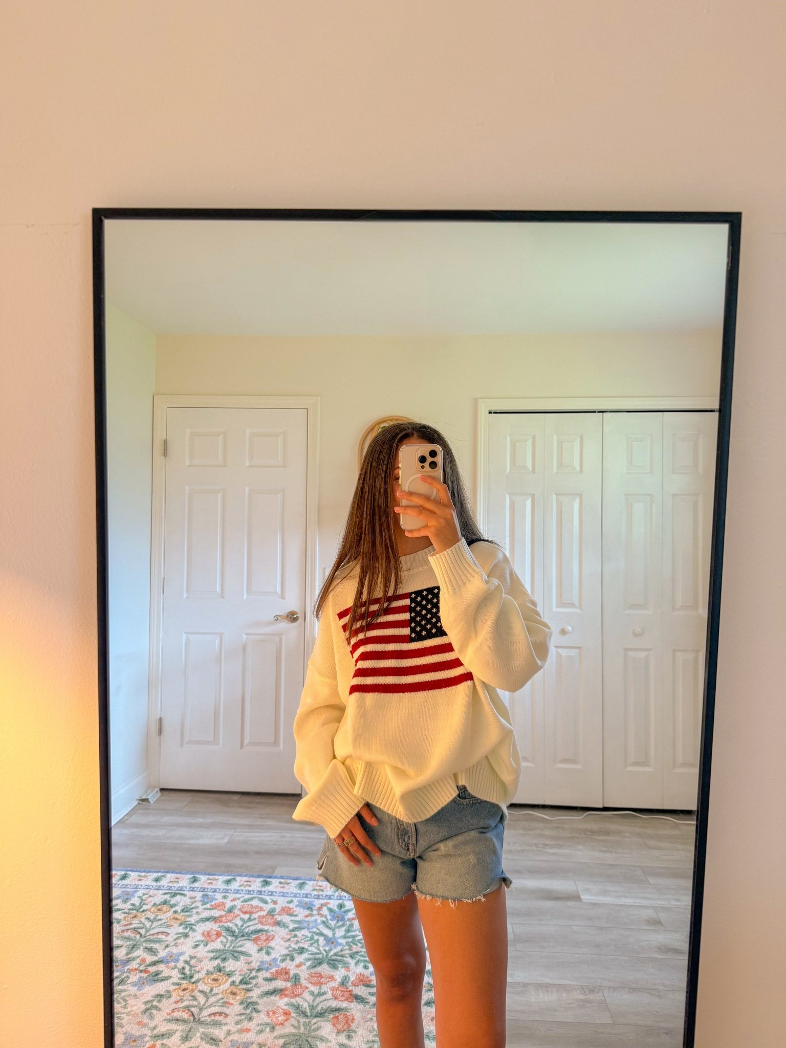 4th of July outfit idea, casual summer outfit, USA flag sweater, denim shorts, Abercrombie 90s cutoff shorts

#LTKFindsUnder50 #LTKSummerEdit