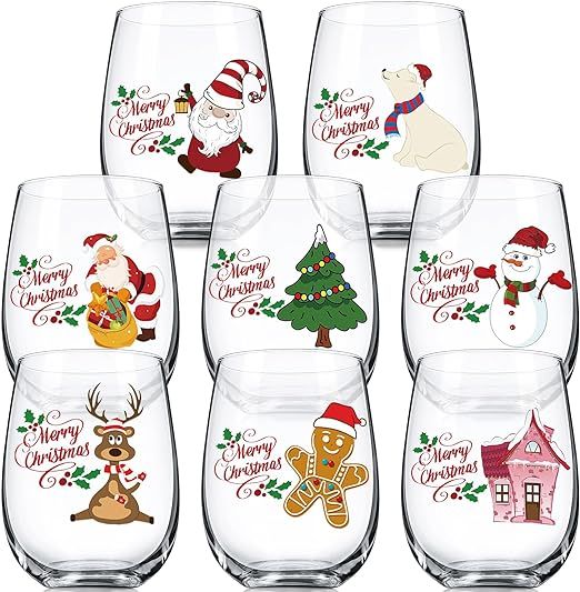 Umigy 8 Pcs Christmas Stemless Wine Glasses Bulk for Women Friends 15 oz Merry Christmas Happy Ho... | Amazon (US)