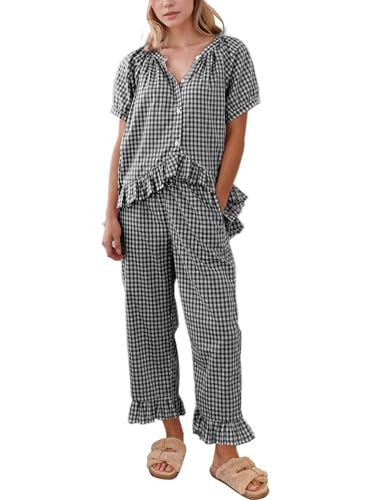 Flygo Womens Plaid 2 Piece Pajamas Sets Gingham Button Down Puff Sleeve Babydoll Shirt Ruffle Pants Y2K Pjs Lounge Set(Black-XL) | Amazon (US)