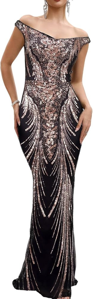 Women's Elegant V Neck Prom Dress Sequin Sleeveless Long Evening Party Dress | Amazon (US)