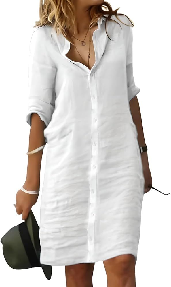 Fronage Women's Summer Midi Shirt Dresses Button Down 1/2 Sleeve Lapel Casual Cotton Linen Dress | Amazon (US)