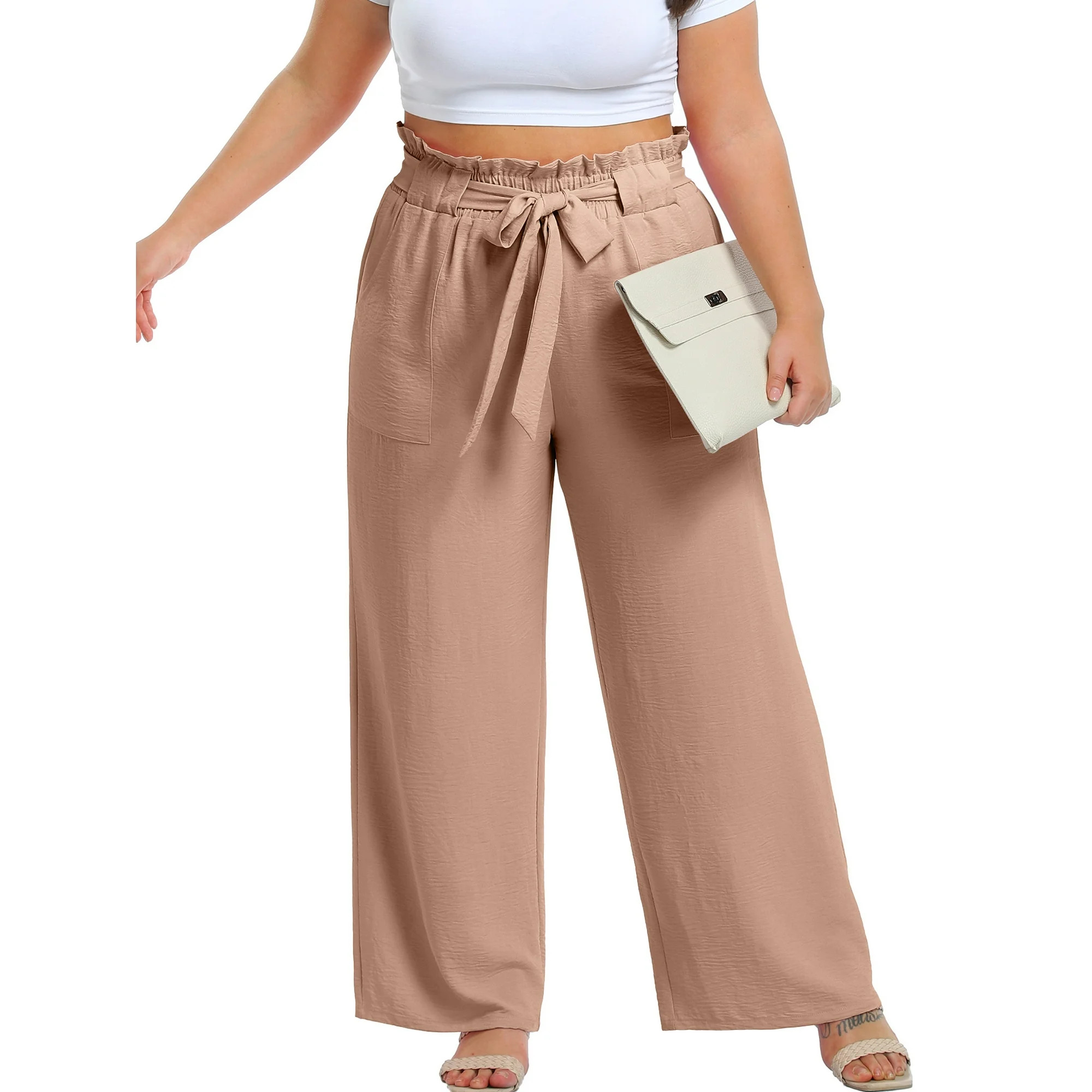 Cueply Womens Wide Leg Pants Plus Size Elastic Tie Knot Lounge Pants Loose Trousers with Pockets | Walmart (US)