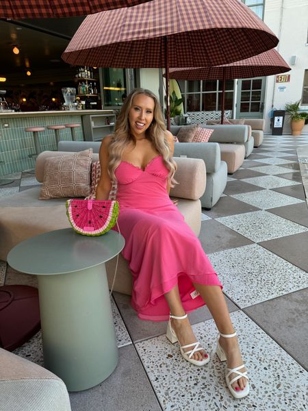 Pink dress, pink vacation dress, watermelon purse 