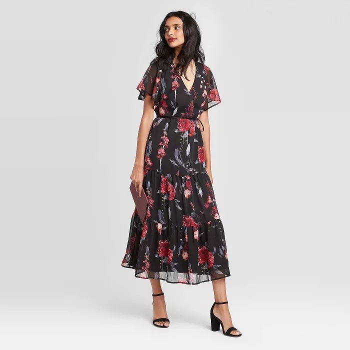 Women's Floral Print Flutter Short Sleeve V-Neck Maxi Dress - A New Day™ Black | Target