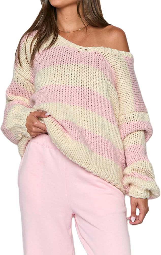 Women's Knit Striped Sweater Oversized Color Clock Long Sleeve Crewneck Pullover Jumpers Cute Tre... | Amazon (US)