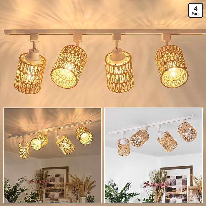 4-Pack H Track Lighting Heads, Rattan Track Light Heads Fixture for H Type Track Lighting Rail, E26 Flexible Track Light Ceiling Fixtures, Adjustable Modern Track Light for Kitchen, No Bulb | Amazon (US)
