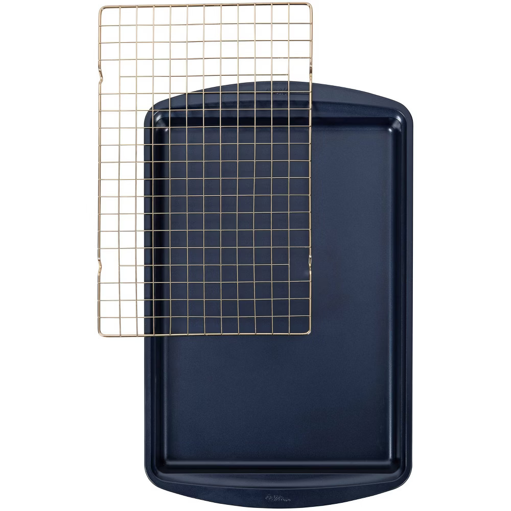 Wilton 2pc Diamond-Infused Non-Stick Large Cookie Sheet with Cooling Rack Navy Blue/Gold | Target