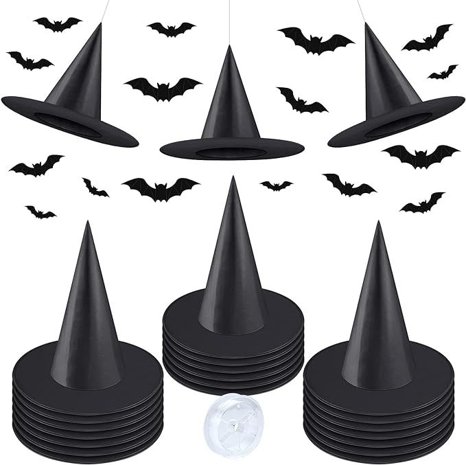 ELECLAND Halloween Costume Witch Hat Caps with Hanging Ropes and Scary 3D Bat Stickers, Halloween... | Amazon (US)