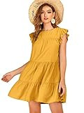 Romwe Women's Ruffle Butterfly Sleeve Solid Babydoll Dress Yellow L | Amazon (US)