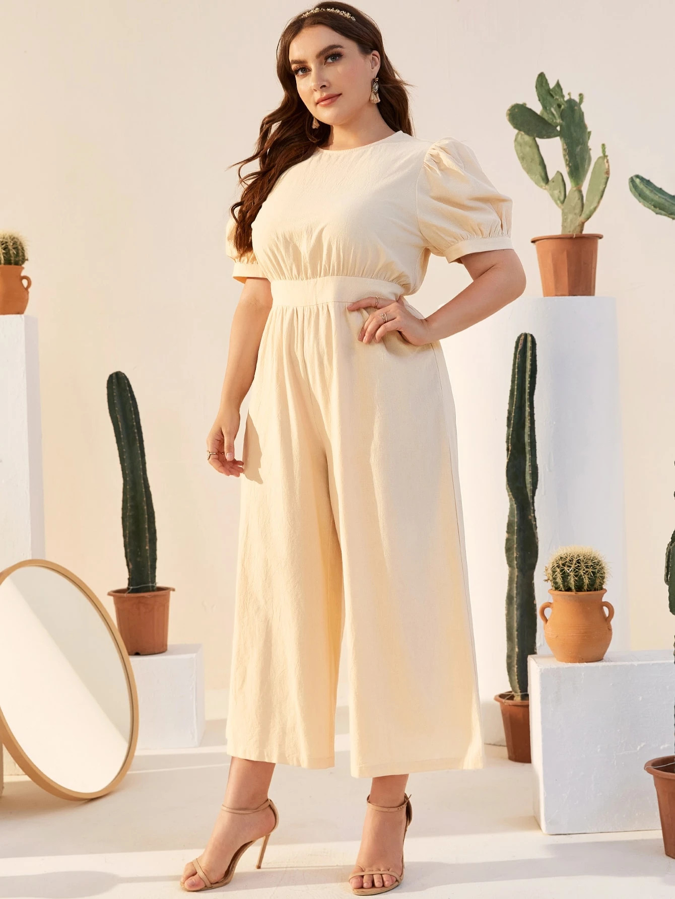 SHEIN Plus Puff Sleeve Wide Leg Jumpsuit | SHEIN