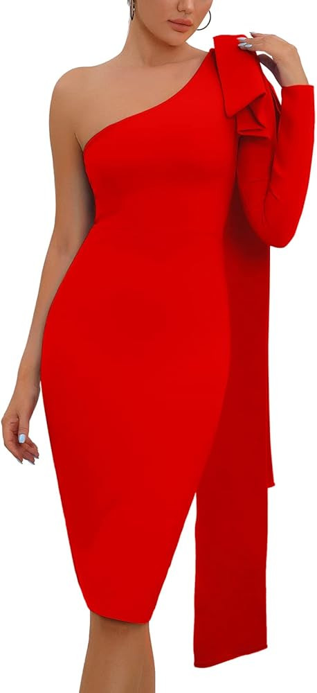 Women's One Shoulder Long Sleeve Bandage Dress Tie Midi Bodycon Evening Party Celebration Dress | Amazon (US)