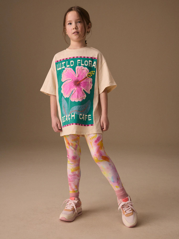 Cream Flower Graphic T-Shirt and Leggings Set (3-16yrs) | Next US