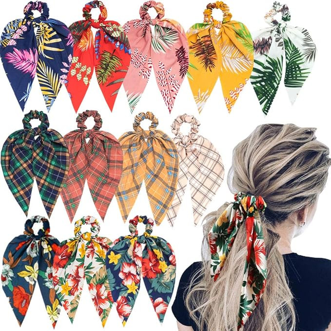 Sunaction 12 Pcs Hair Scarf Scrunchies,Tropical Style Chiffon Floral Scrunchie Scarf Ponytail Hol... | Amazon (US)