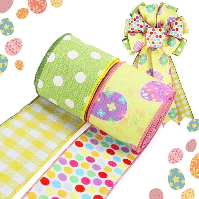 LaRibbons Double Faced Easter Ribbon Wired 2 Rolls 2.5 Inch x 12 Yards TTL, Pink Green Yellow Pol... | Amazon (US)