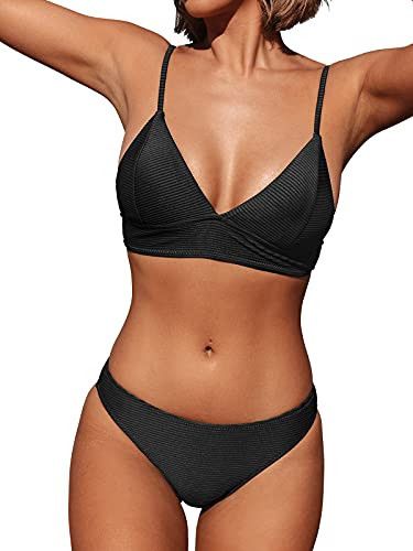 CUPSHE Women's Bikini Sets V Neck Bathing Suit Ribbed Low Rise, S Black | Amazon (US)