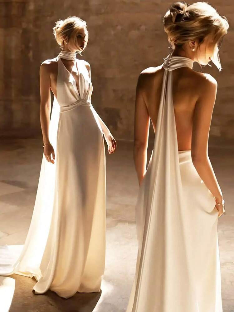 Basrey New Elegant White Spaghetti Strap Deep V-Neck High Waist Fitted Backless Satin Cocktail Party Mermaid Maxi Dress, Suitable For Weddings, Parties And Receptions Spring | SHEIN
