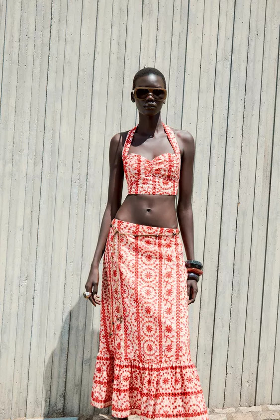 EMBROIDERED EYELET MIDI SKIRT | Zara US