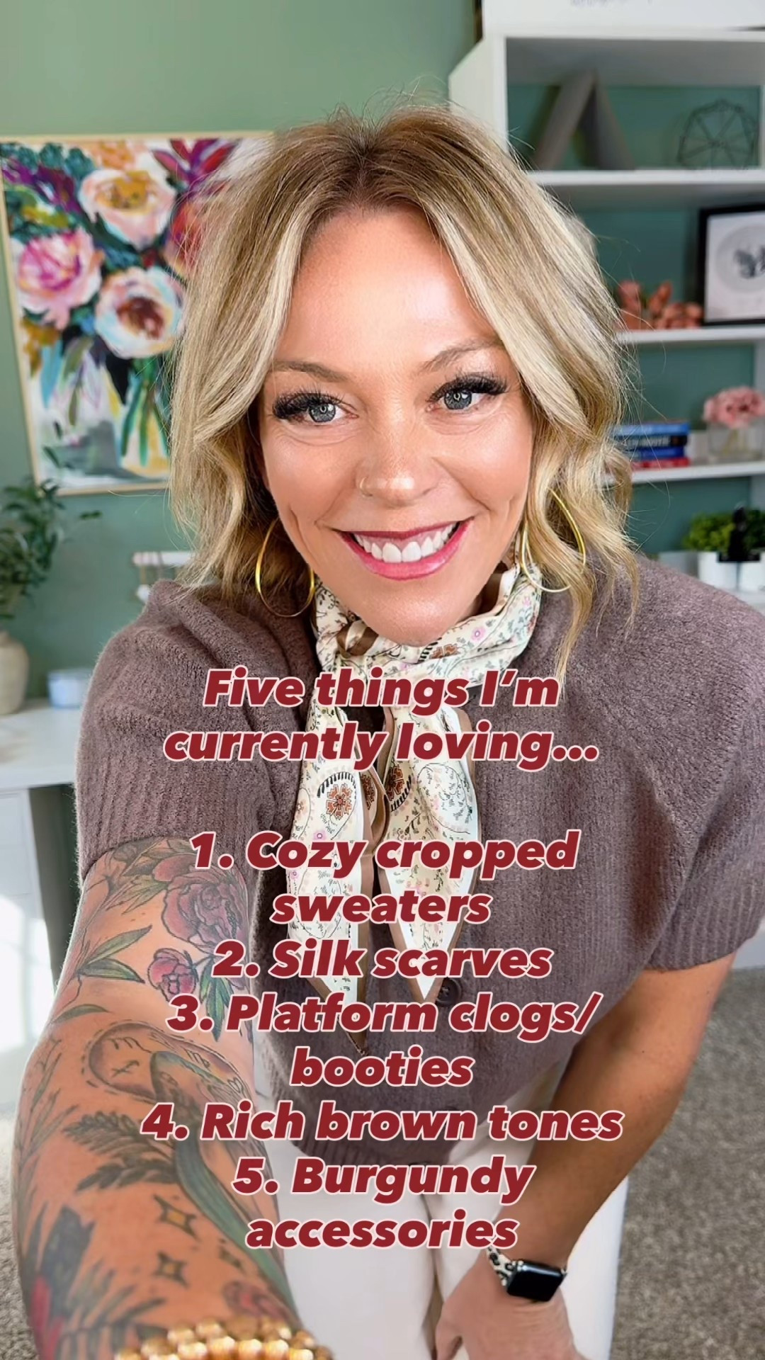 Five things I’m currently loving for fall 🍂
1️⃣ Cozy cropped sweaters — the perfect way to balance proportion with high-waisted pants.
2️⃣ Silk scarves — elevate even the simplest outfit and add a pop of pattern or color.
3️⃣ Platform clogs + booties — comfort meets style (and adds a little height!).
4️⃣ Rich brown tones — they make everything feel instantly chic and timeless.
5️⃣ Burgundy accessories — an easy way to dip into color without going bold.
✨Everything is linked—comment “SHOP” and I’ll send you the details!

#autumnoutfits #fallwardrobe #fallfashiontrends #fallootd #falltrends #autumnfashion #falloutfits #cozystyle #autumnstyle #falloutfitideas #fallstyle #fallstyles #fallstyleinspo #fallfashion2025 #ootdfall #falloutfitinspo #everydayoutfit #falloutfit #everydaystyle #comfyoutfit #fashionover40 #outfitideasforyou #autumnoutfitideas #momstyle #styleover30

fall fashion trends 2025, cozy cropped sweaters, silk scarves outfit ideas, platform clogs, platform booties, fall capsule wardrobe, rich brown tones, burgundy accessories, fall color trends, chic fall outfits, petite fall style, casual fall looks, elevated basics, how to style scarves, modern fall outfit ideas, fall outfit inspiration, over 40 style, fall fashion essentials, The Aligned Edit, Angie Frank style

#LTKWorkwear #LTKFindsUnder50 #LTKStyleTip