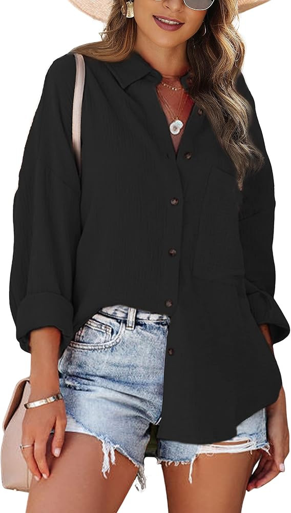 Gozoloma Women's Casual Loose Cotton Linen Blouse Button Up Long Sleeve Shirt Tops | Amazon (US)