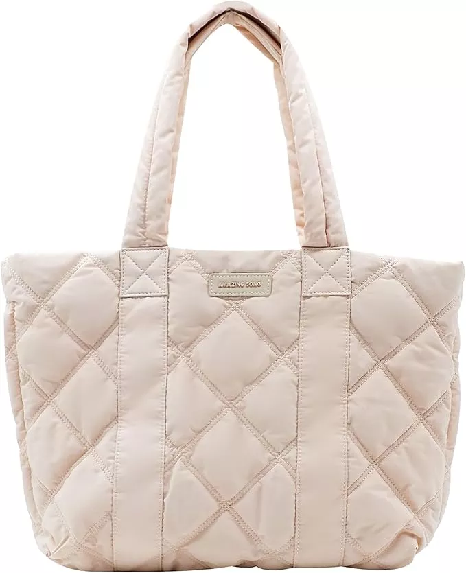  Amazing Song Large Quilted Tote Bag for Women, Puffer Shoulder Bag  Designer Handbag Work Shopper with Zipper Down Tote, Cream white :  Electronics