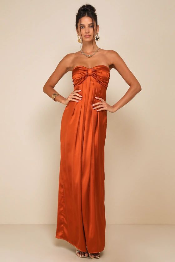 Rust Orange Strapless Satin Maxi Dress | Burnt Orange Dress | Orange Maxi Dress | Lulus