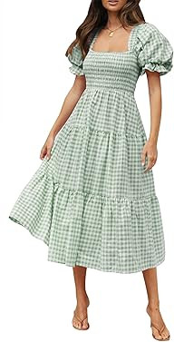 ZESICA Women's 2023 Bohemian Summer Plaid Square Neck Puff Sleeve Ruffle Flowy Beach Midi Dress | Amazon (US)