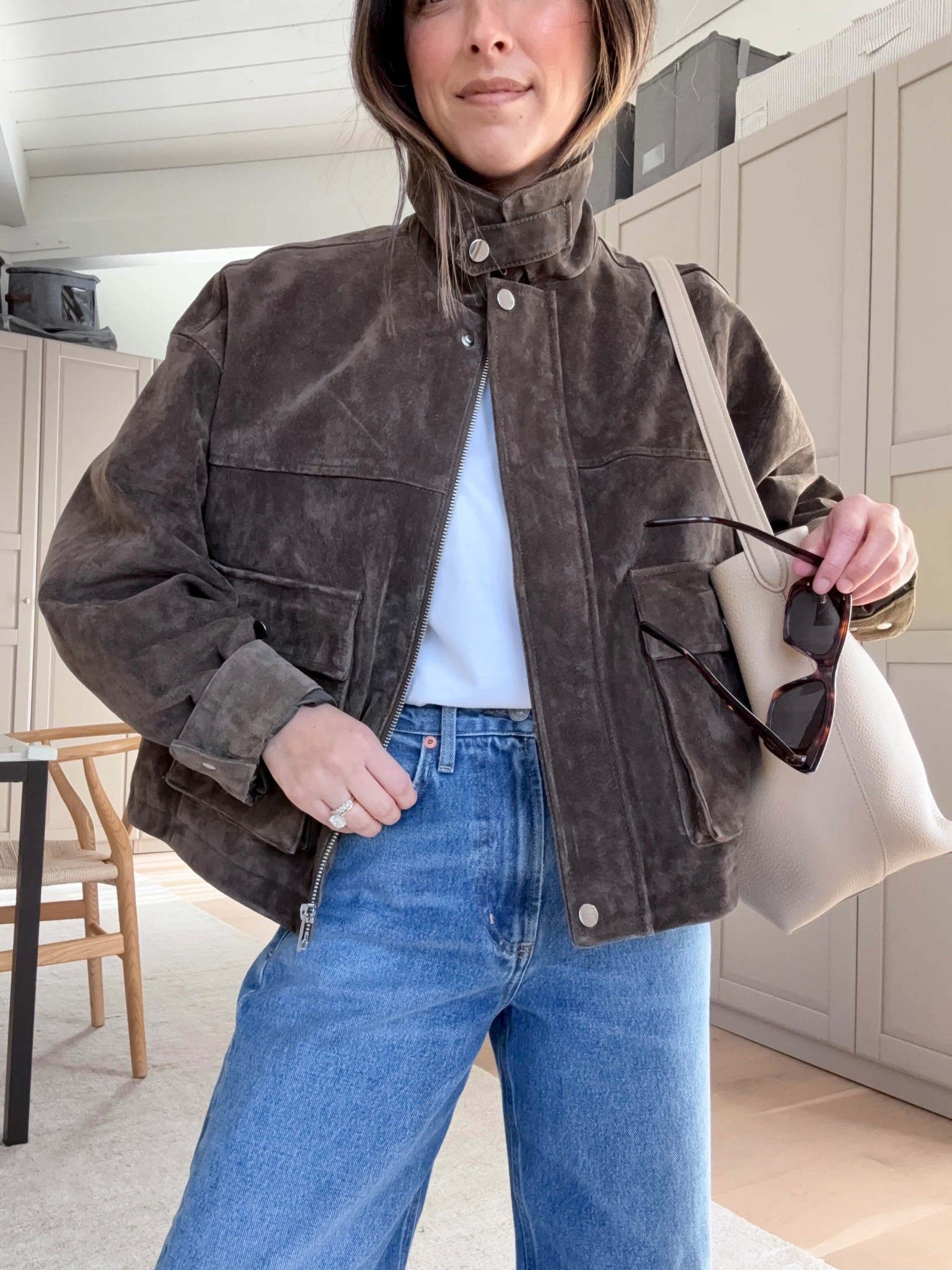 The best suede leather jacket I’ve ever found 😱. I just love the fit! Suede is soft and pliable. 

Zara side jacket xs
Madewell crop tee small - go tts. Need the xs
Citizens of Humanity Miro jeans 24 - cut hems, size down. 
Madewell flats 5.5
The Row tote medium - linked another preowned 
Celine sunglasses 
Quince earrings
Dorsey James necklace 15"

Petite style, spring style, spring outfits, spring jackets 



#LTKmomlife #LTKPetite #LTKootd