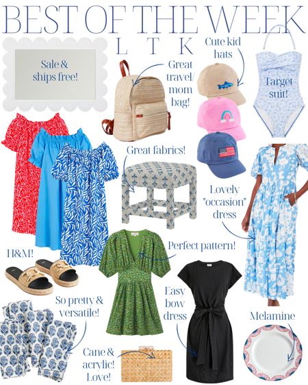 Best of the week! Raffia woven straw rattan backpack diaper bag travel carryon, block print napkins, woven slides sandals, cane acrylic clutch, American flag, kids hat, toddler hat, ottoman, custom fabric, green floral babydoll dress, black casual bow dress, blue and white midi floral dress, blue and white floral one piece swimsuit, Fourth of July, Memorial Day, patriotic, Americana, white scalloped mirror 

#LTKunder100 #LTKunder50 #LTKstyletip