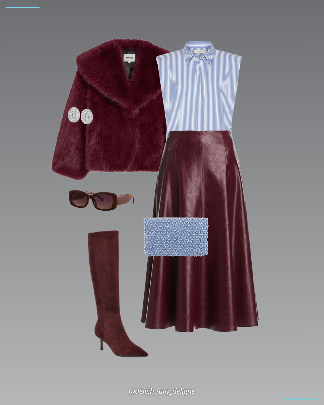 Downtown Love ❤️💙 Burgundy faux leather midi skirt, blue stripe shoulder-pad shirt, faux-fur coat, blue clutch, knee-high suede boots, diamond oval halo cluster earrings & retro sunglasses. 

 #LTKgrwm #LTKootd #LTKOver40