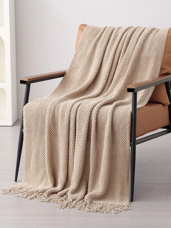 1pc Khaki Knitted Blanket, Nordic Style Acrylic Rectangle Napping Sofa Blanket, Air Conditioning Blanket, Knit Throw Blanket, Shawl Blanket, Bed End Blanket | SHEIN