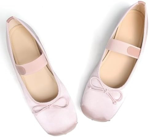 LUXINYU Women's Satin Mary Jane Ballet Flats Square Toe Bow Knot Elastic Strap Slip On Ballerina ... | Amazon (US)