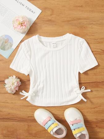 SHEIN Kids EVRYDAY Girls Drawstring Ruched Side Rib-knit Tee | SHEIN