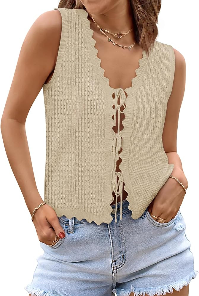 Womens Tie Front Tops Trendy 2026 Summer V Neck Sleeveless Sweater Vests Fashion Cute Crochet Kni... | Amazon (US)