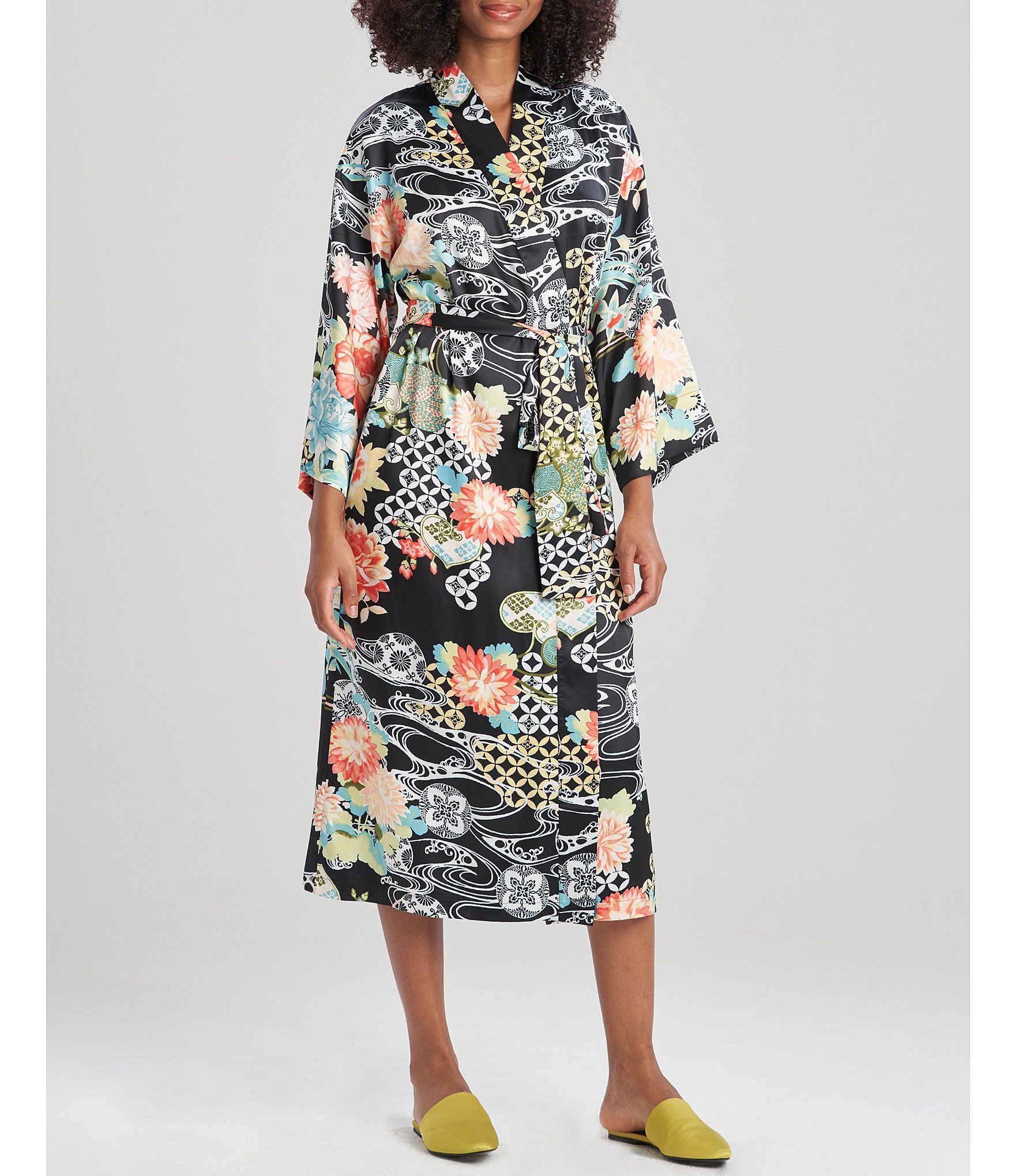 N by Natori Enchanted Floral Garden 3/4 Sleeve Satin Robe | Dillard's