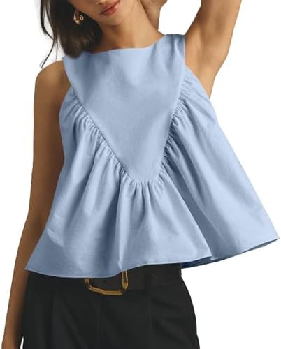 Shiyifa Womens Peplum Babydoll Tops Shirred Swing Tank Tops Pleated Flowy Loose Fit Ruffled Vests | Amazon (US)