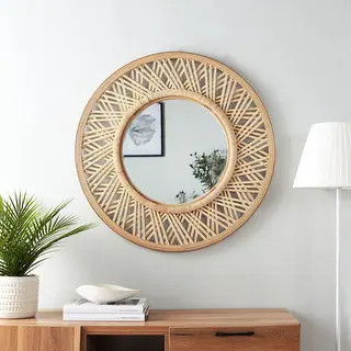 Diagonal Rays Natural Beige Bamboo Rattan 31.5" Round Wall Mirror - Overstock - 35984980 | Bed Bath & Beyond