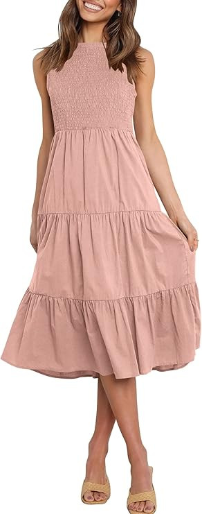 LOGENE Womens Sleeveless Crew Neck Smocked Elastic Waist Tiered Midi Dress Summer Sun Dresses wit... | Amazon (US)