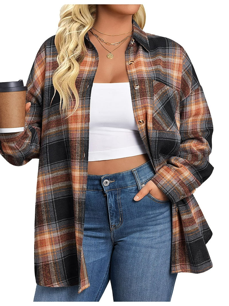 Fantaslook Plus Size Flannel Plaid Shirts for Women Long Sleeve Button Down Shirts Casual Loose B... | Walmart (US)