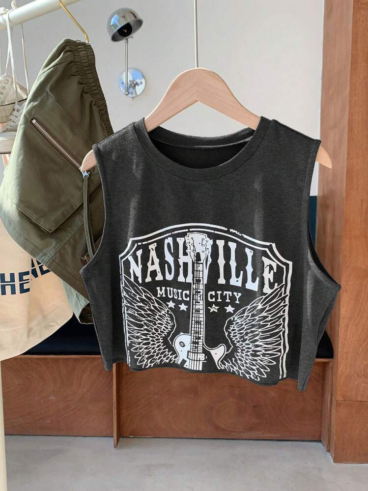 Comfortcana Summer Guitar Graphic Cropped Square Neck Vest,Rave Top | SHEIN