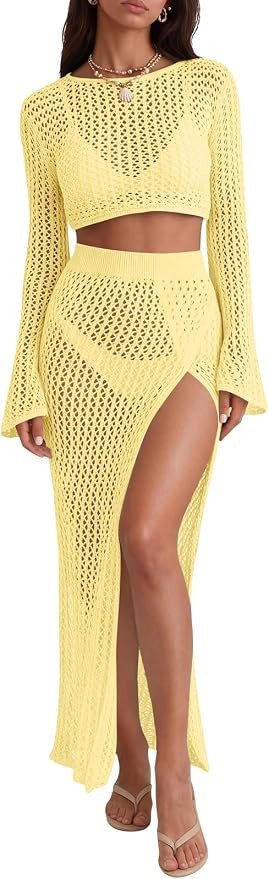 Saodimallsu Womens Crochet Beach Cover Ups Set 2 Piece 2026 Boat Neck Crop Long Sleeve Tops High ... | Amazon (US)
