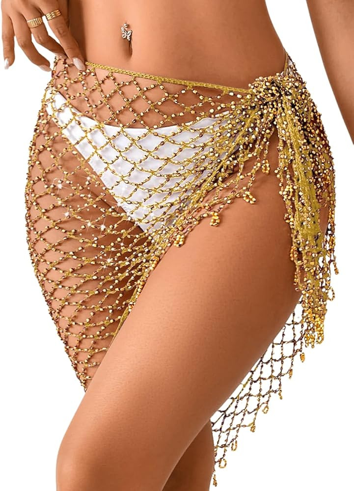 Women's Sparkly Beaded Fringe Wrap Coverup, Boho Crochet Beach Sarong Skirt, Belly Dance Hip Scar... | Amazon (US)