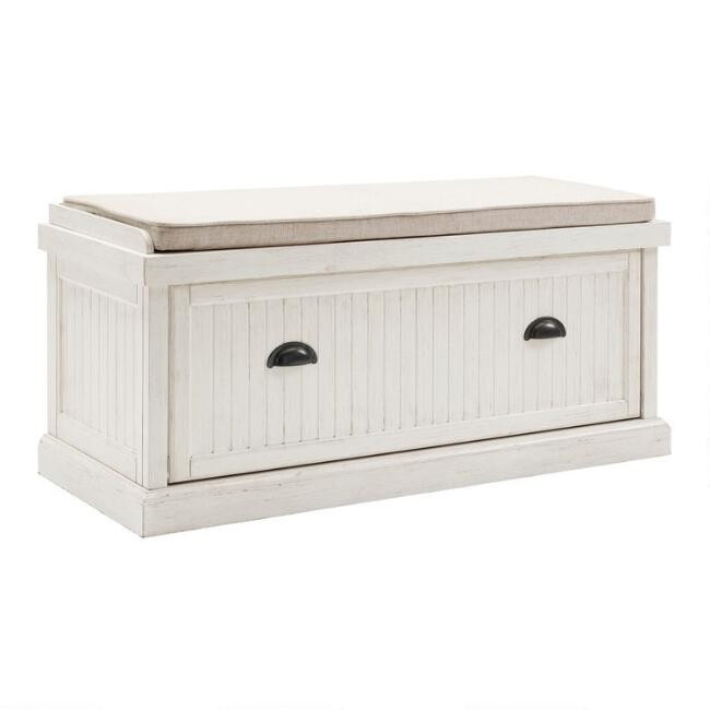 Distressed White Delmar Entryway Bench With Cushion | World Market
