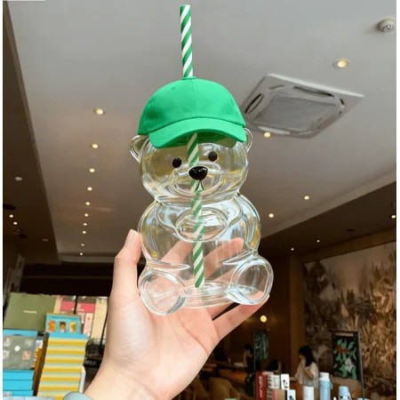 BTIZTLLA Bear Straw Cup, Cute Baby Straw Cups Glass, Honey Bear Cup with Straws, Cute Mugs for Coffee Drinks 20oz (Green hat cup lid) | Walmart (US)