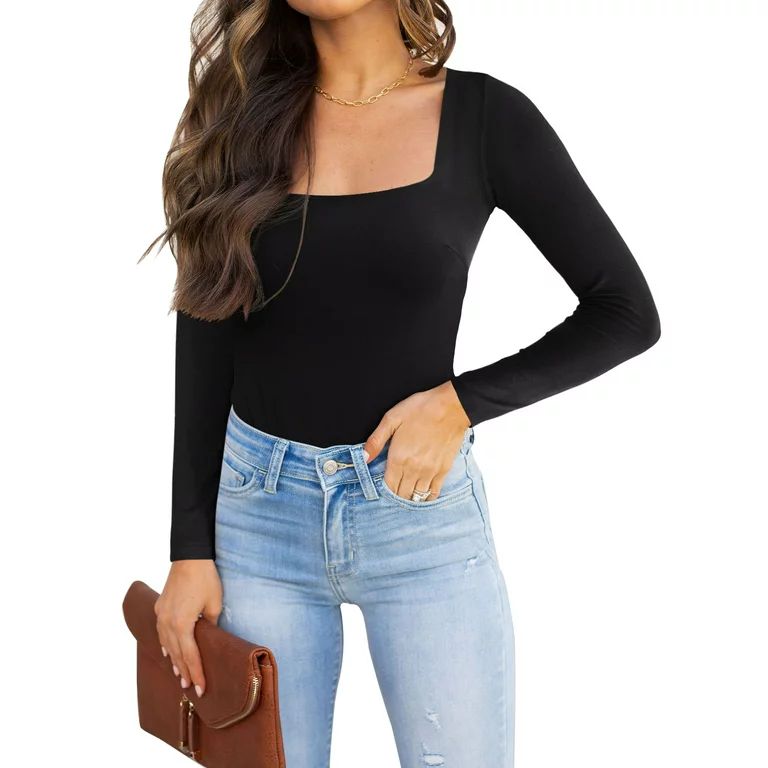 REORIA Women's Bodysuit Sexy Square Neck Long Sleeve Tops Black-S - Walmart.com | Walmart (US)